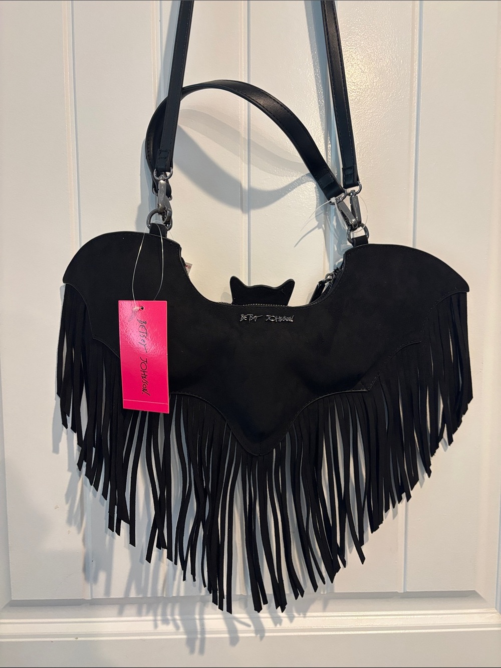 Betsey Johnson Black Fringe Bat-Shaped Shoulder Bag with cross body strap